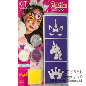 KIT MAQUILLAJE ARTISTICO UNICORNIO ACUA BLANCO LILA Y GLITTER PLATA (6 GR)STENCIL +ESPONJA